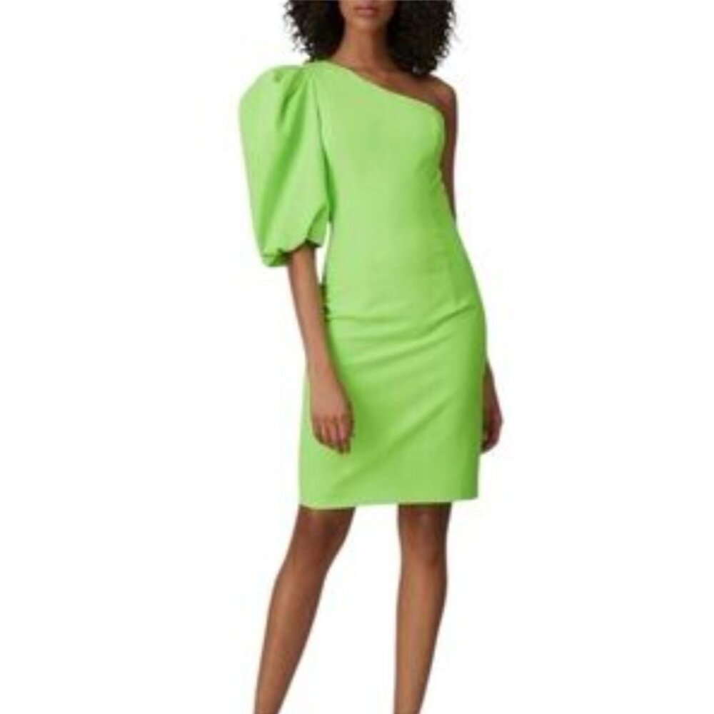 Black Halo Cooper One Shoulder Puff Sleeve Sheath Dress Neon Lime Green Size 8